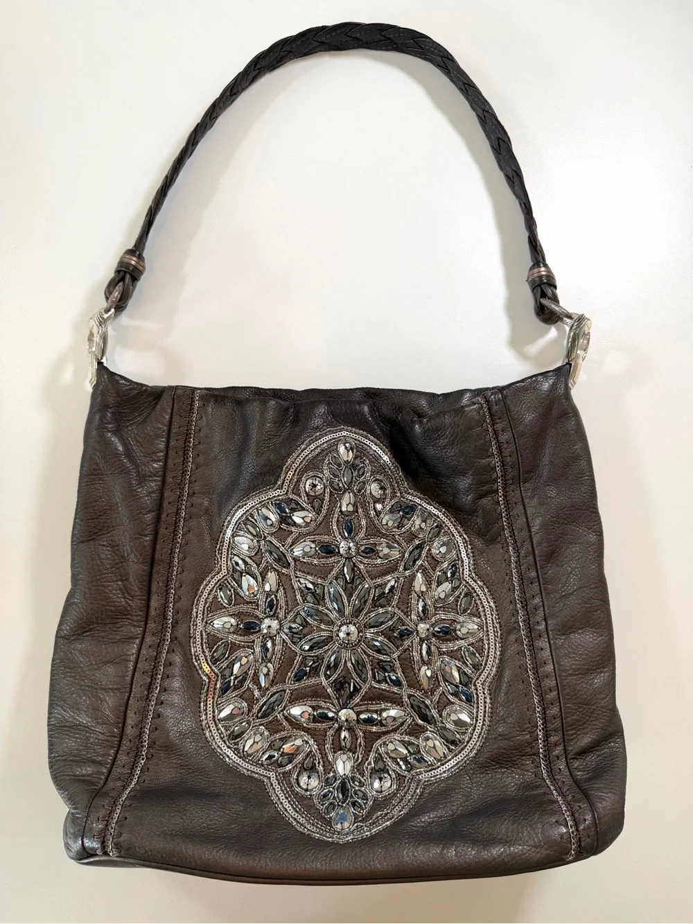 Brighton Anju Masterpiece Collection Pewter Leather Jeweled Shoulder Hobo Bag